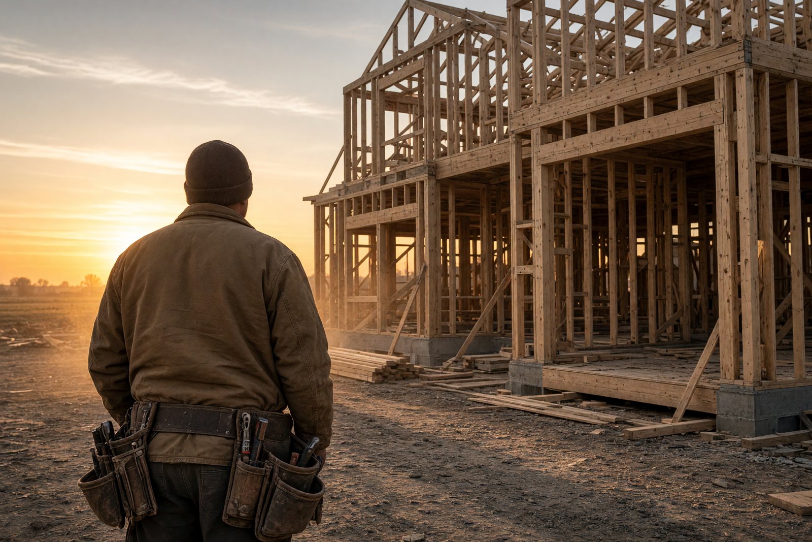 Ezekiel on a job site at dawn, tool belt on, checking freshly framed walls