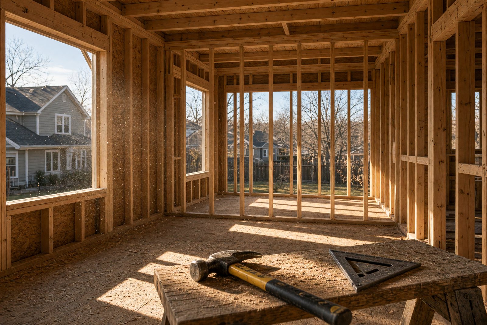 Fresh lumber framing of a home addition catching afternoon light