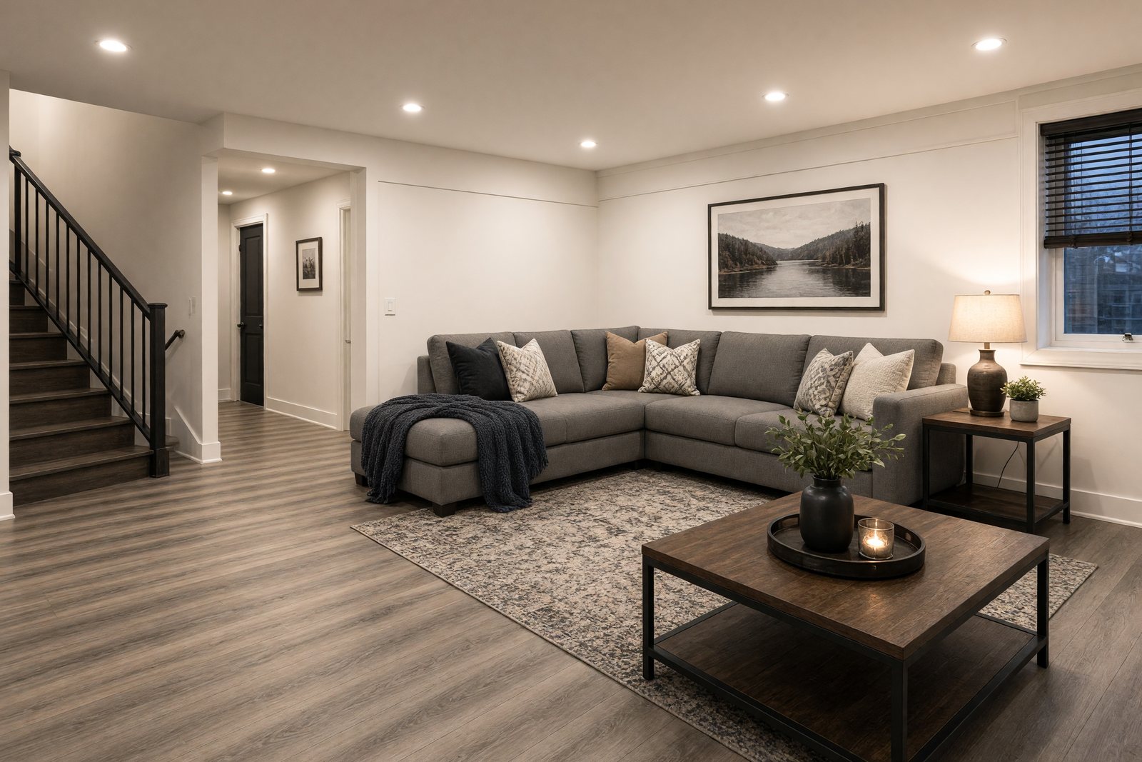 Finished basement family room with recessed lighting and sectional sofa