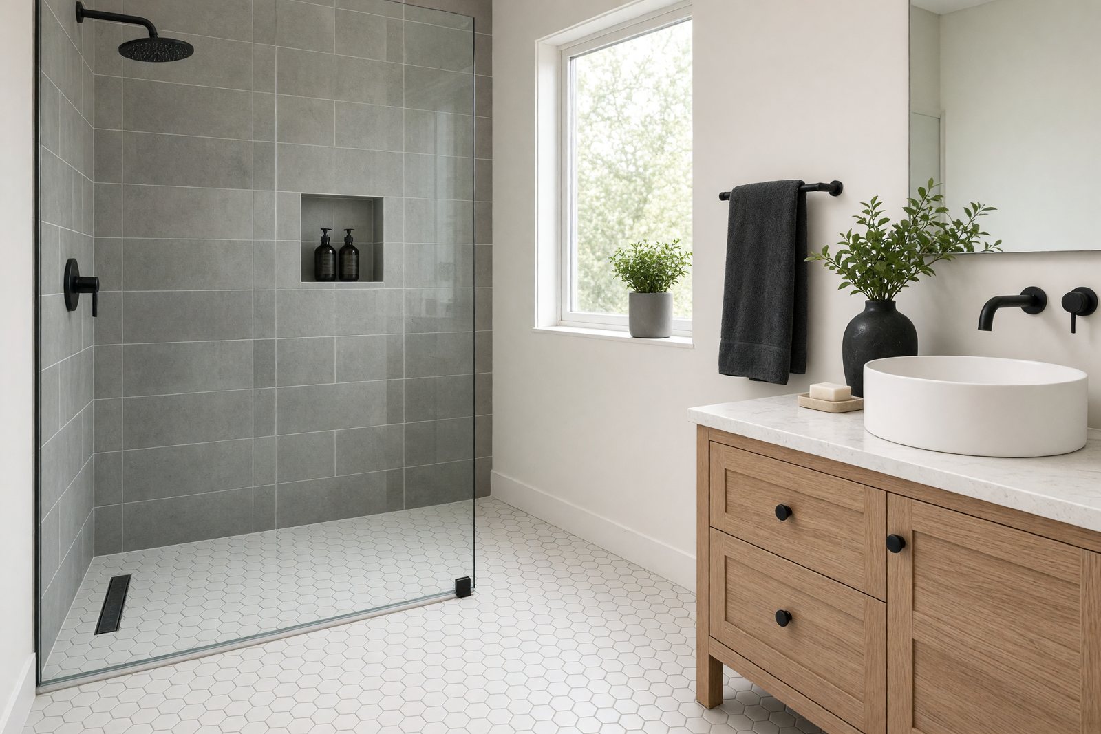 Renovated bathroom with walk-in tiled shower and oak vanity