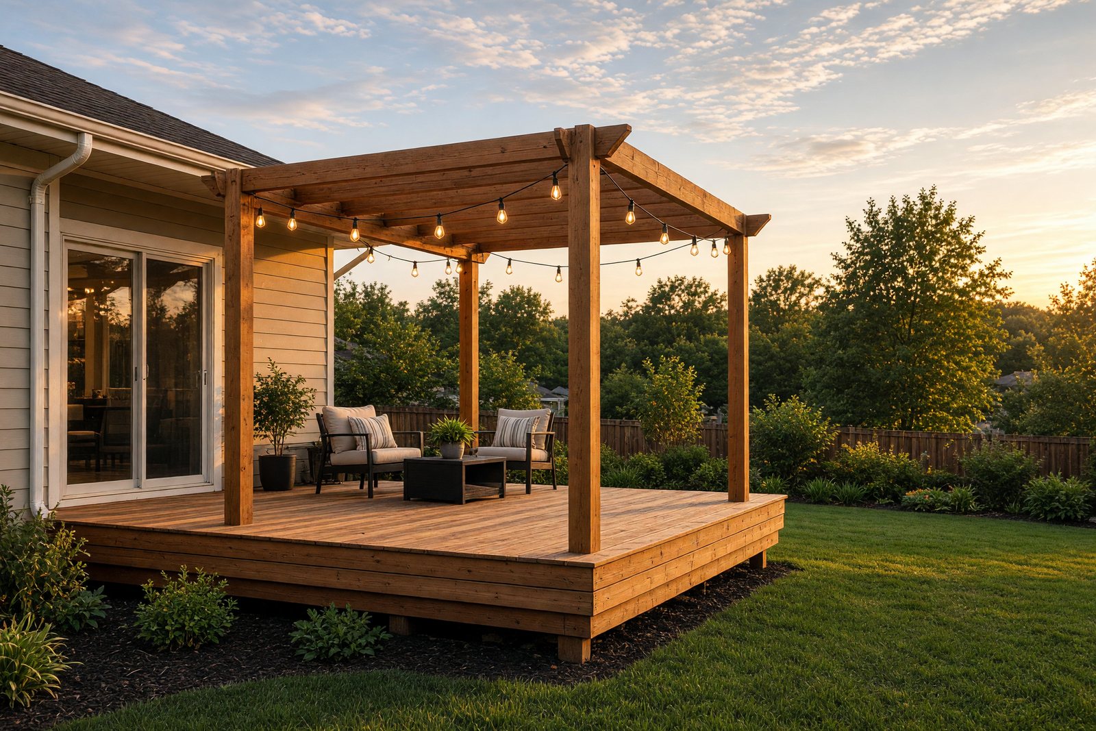 New cedar deck and pergola with string lights at golden hour