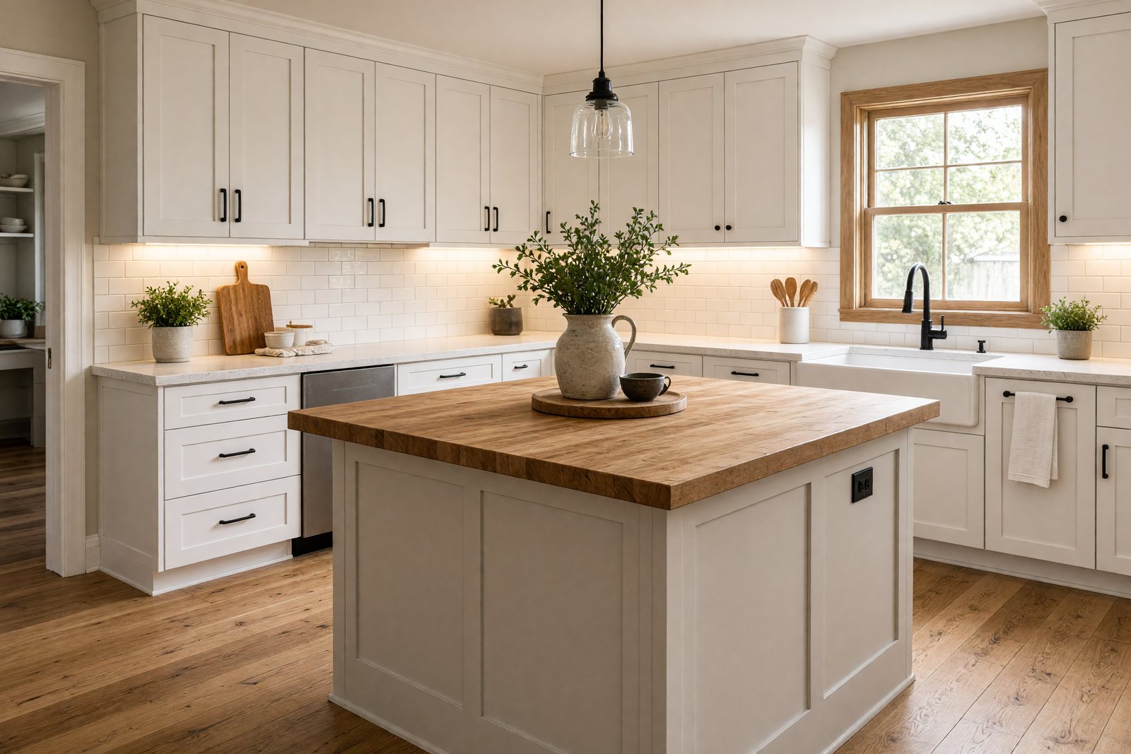 Remodeled farmhouse kitchen with white shaker cabinets and butcher-block island