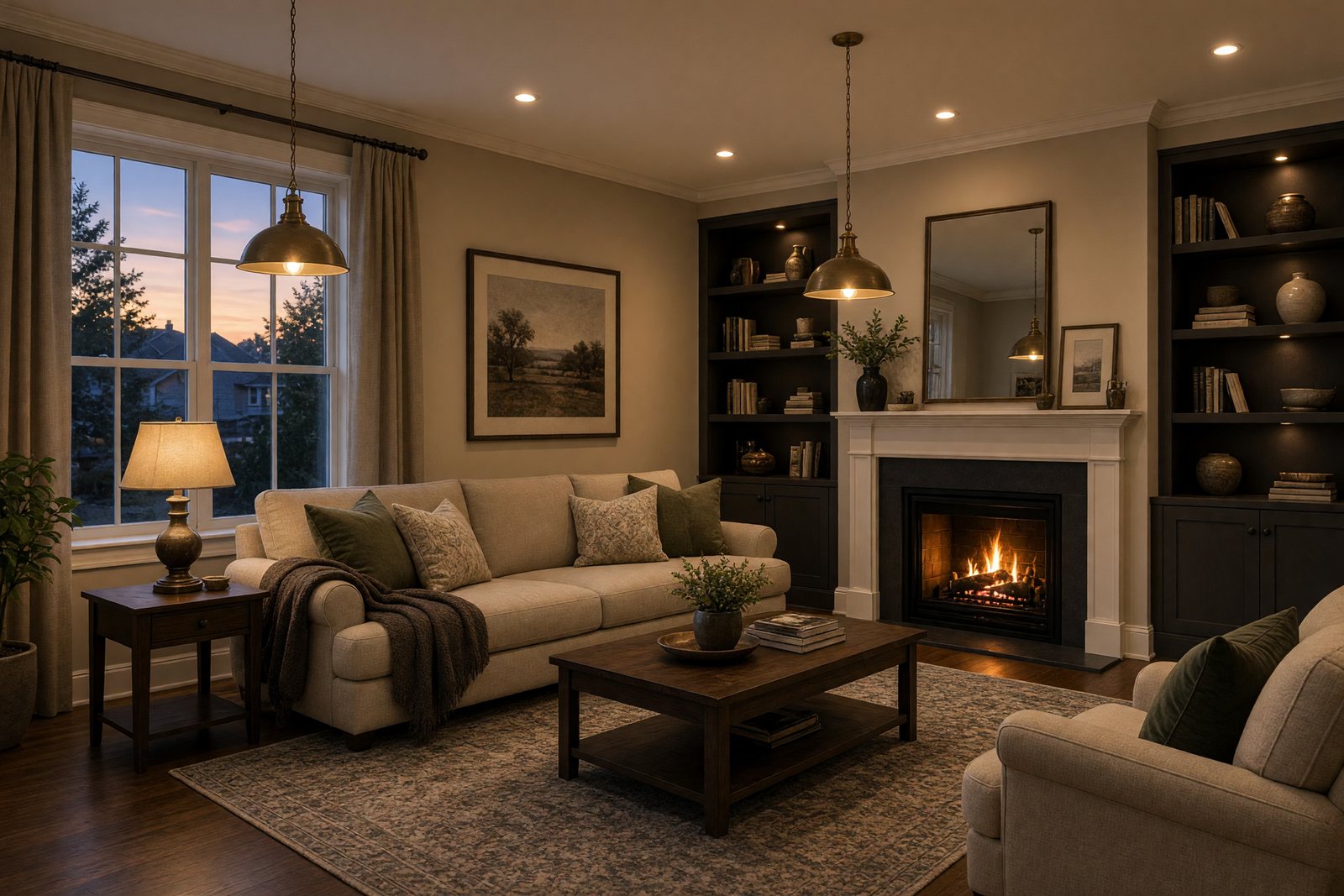Living room at dusk with layered recessed and pendant lighting