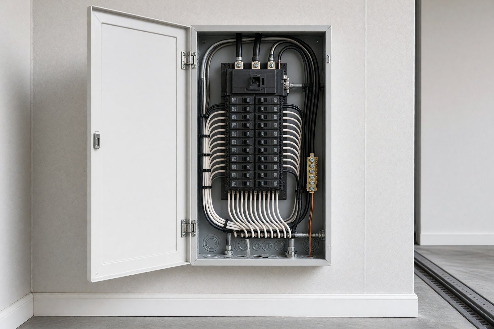 New 200-amp breaker panel with organized wiring on a garage wall